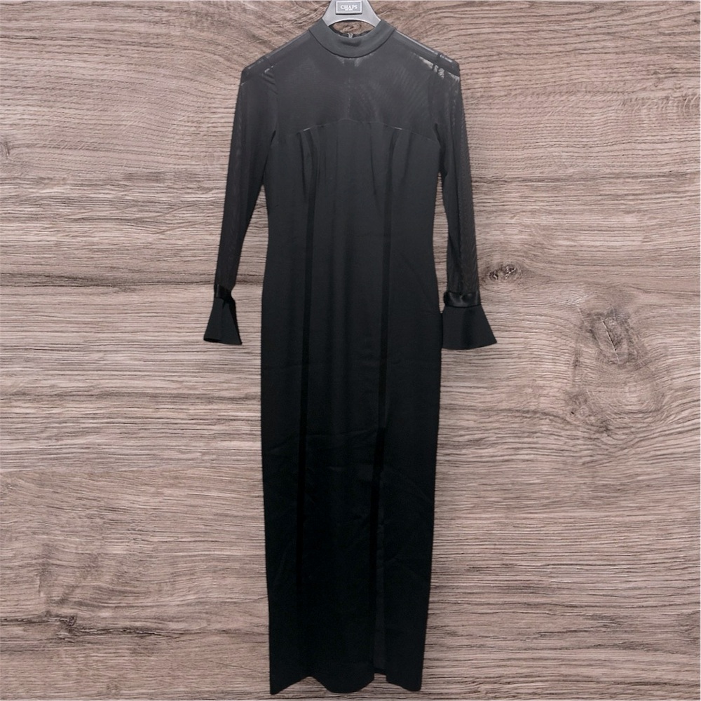 Lille Rubin Vintage Mesh Bodice and Bell Cuff Elegant Black Long Slit Dress Sz 8